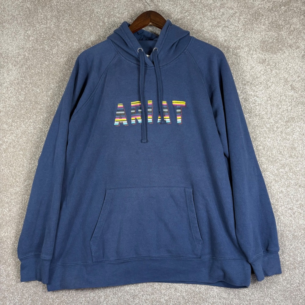 Ariat ReAL Mens XXL Navy Blue Striped Logo Hoodie Raglan Sweatshirt Pocket